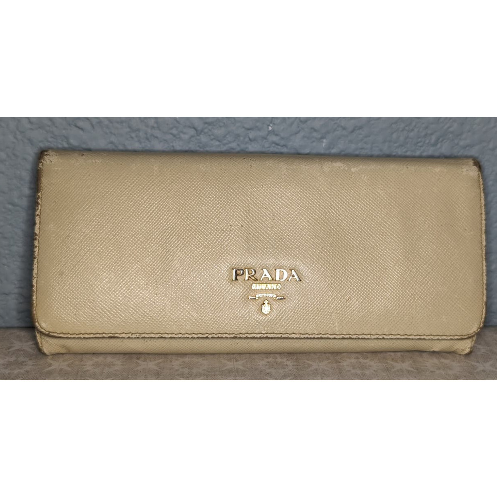 Prada Saffiano Leather Long Bifold Wallet Off White Authentic